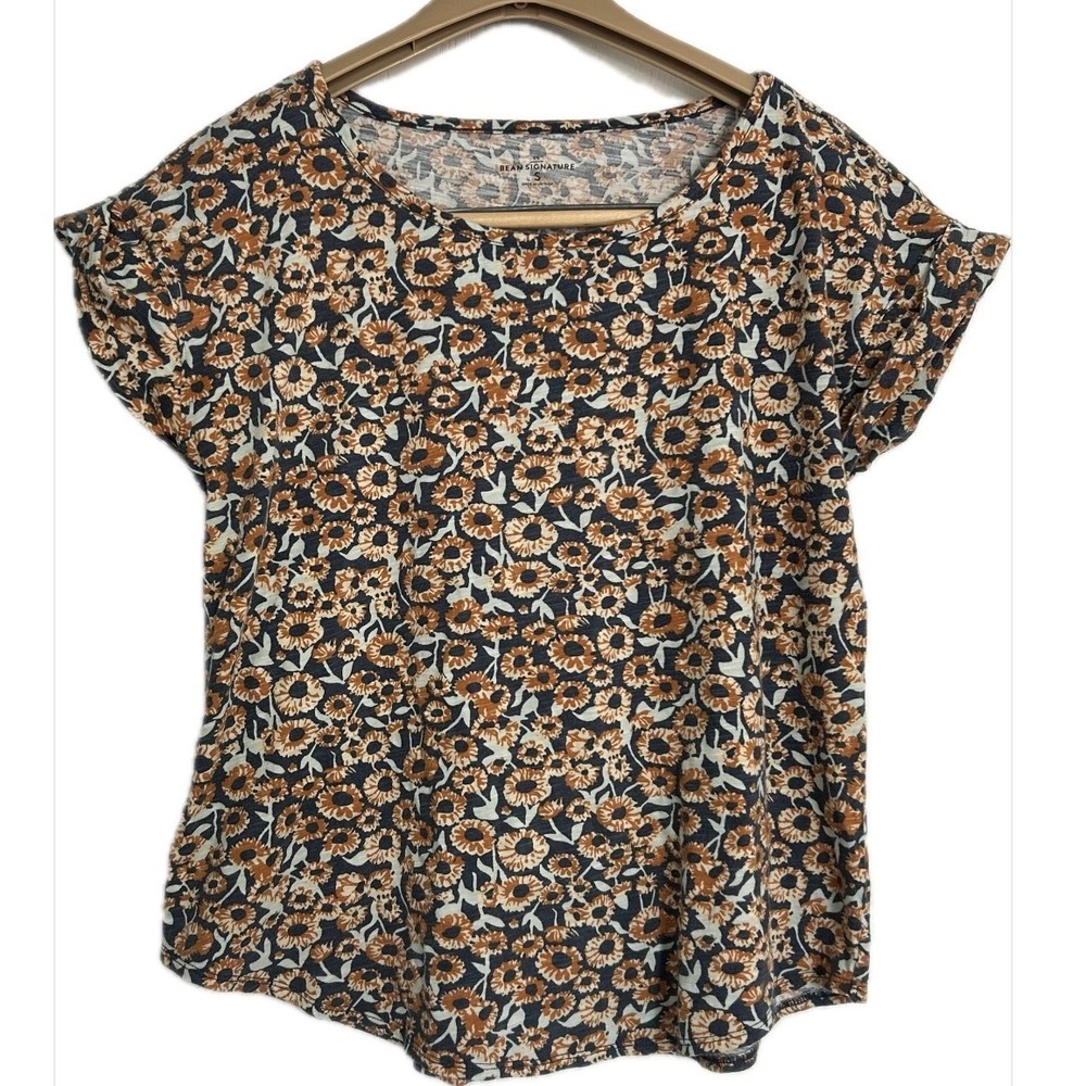 LL Bean Signature‎ Floral Cotton Modal T-Shirt Navy Orange Cuffed Sleeve Small